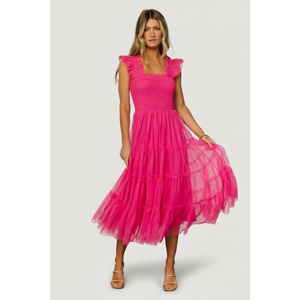 NEW Baltic Born Emma Smocked Tulle tiered midi Dress Size L hot pink